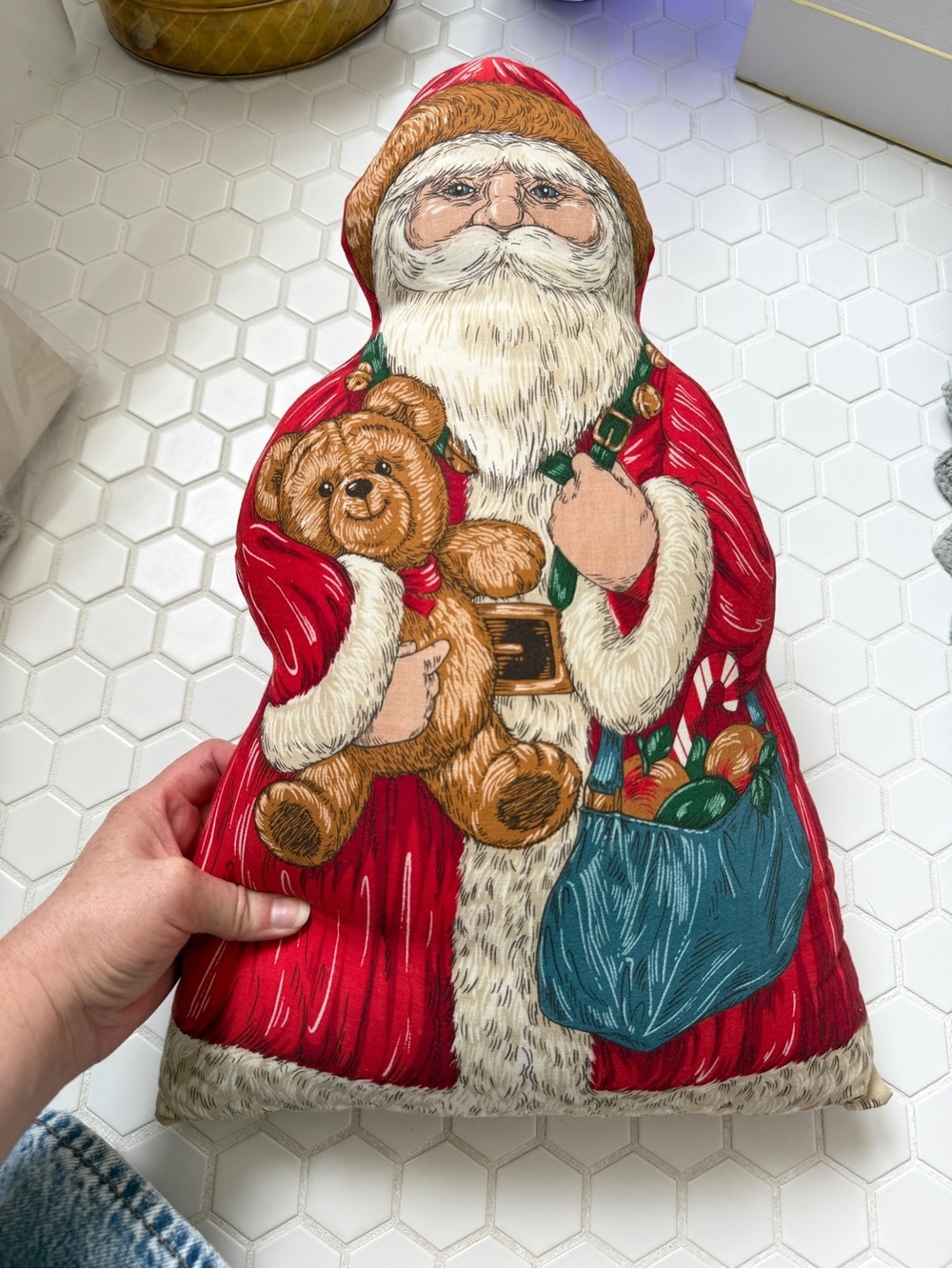 Vintage 1980s Horchow Santa Claus Christmas Throw Pillow Teddy Bear Holiday Deco